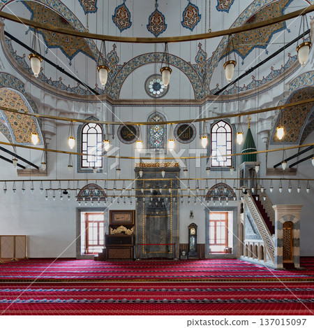 Grand interior of Selimiye Camii mosque with mihrab minbar ornate ceiling and red carpets Konya Turkey Grand interior of Selimiye Camii mosque with mihrab minbar ornate ceiling and red carpets Konya Turkey 137015097
