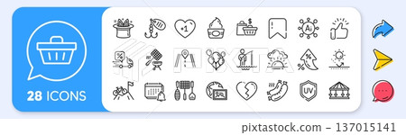 Grilled sausage, Sunset and Mountain bike line icons. Interest rate, AI generate, Inflation icons. Pack of Balloons, Grill tools, Delivery discount icon. Vector Grilled sausage, Sunset and Mountain bike line icons. Interest rate, AI generate, Inflation icons. Pack of Balloons, Grill tools, Delivery discount icon. Vector 137015141