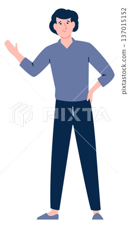 Man show right hand. Cheerful positive character Man show right hand. Cheerful positive character 137015152