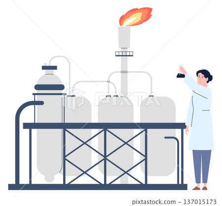 Chemical plant worker. Woman with laboratory glass flask Chemical plant worker. Woman with laboratory glass flask 137015173
