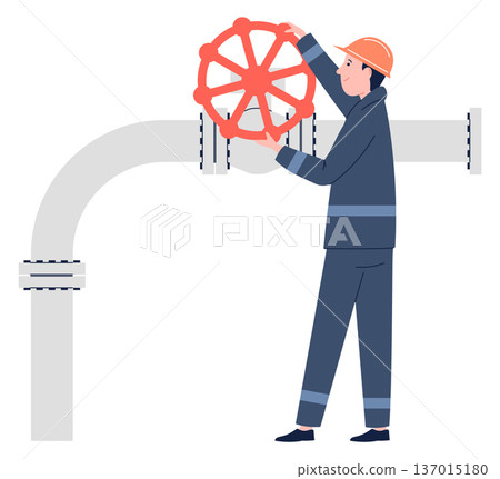 Engineer rotate valve on industrial pipe. Chemical pipeline maintenance Engineer rotate valve on industrial pipe. Chemical pipeline maintenance 137015180