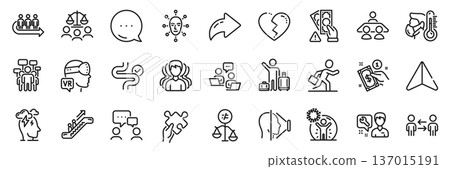 Broken heart, Teamwork and Puzzle line icons pack. Share, Message, Paper plane icons. People chatting, Stress, Augmented reality web icon. Queue, Coronavirus protection, Escalator pictogram. Vector Broken heart, Teamwork and Puzzle line icons pack. Share, Message, Paper plane icons. People chatting, Stress, Augmented reality web icon. Queue, Coronavirus protection, Escalator pictogram. Vector 137015191