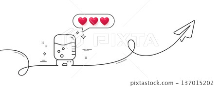 Water cooler bottle line icon. Continuous line with share plane. Still aqua drink sign. Liquid symbol. Hearts rate review in speech bubble. Water cooler single line ribbon. Loop curve pattern. Vector 137015202