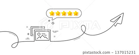 Photo images line icon. Continuous line with share plane. Image album thumbnail sign. Picture gallery placeholder symbol. Five star rate review in speech bubble. Photo album single line ribbon. Vector Photo images line icon. Continuous line with share plane. Image album thumbnail sign. Picture gallery placeholder symbol. Five star rate review in speech bubble. Photo album single line ribbon. Vector 137015231