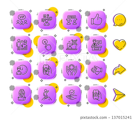 Vip clients, Leadership and Like line icons. App 3d buttons. Social media comment, share, like icons. Pack of Difficult stress, Qr code, Approved icon. Vector Vip clients, Leadership and Like line icons. App 3d buttons. Social media comment, share, like icons. Pack of Difficult stress, Qr code, Approved icon. Vector 137015241