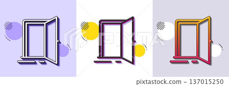Open door line icon. Halftone dotted pattern. Gradient icon with grain shadow. Entrance doorway sign. Building entry symbol. Line open door icon. Various designs. Vector 137015250