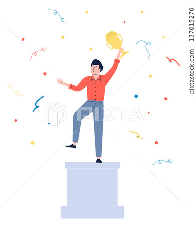 Happy winner on podium. Man celebrate golden trophy cup Happy winner on podium. Man celebrate golden trophy cup 137015270