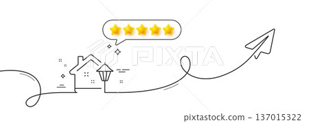 Street light line icon. Continuous line with share plane. Outdoor lamp sign. House illuminate symbol. Five star rate review in speech bubble. Street light single line ribbon. Vector 137015322