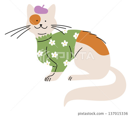 Cute cat in funny clothes. Adorable pet drawing Cute cat in funny clothes. Adorable pet drawing 137015336