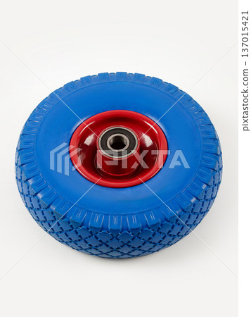 Wheel is pneumatic on a white background. Blue rubber, red disc. 137015421