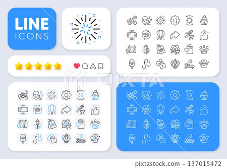 Cupcake, Lounger and Discounts calendar line icons for web app. Message, Share, Like social media icons. Pack of Fireworks explosion, Fireworks, Ice cream pictogram icons. Vector 137015472