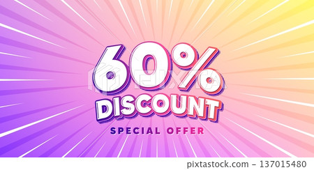Discount sun rays gradient banner. Light burst background. 60 percent discount tag. Sale offer price sign. Special offer symbol. Gradient sun rays. Sunburst light. Vector 137015480