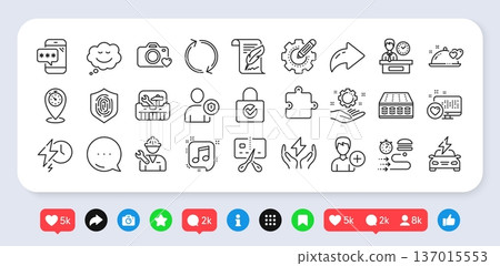 Speech bubble, Presentation time and Musical note line icons pack. Social media: share, comment, like icons. Mattress, Photo camera, Timer web icon. Vector 137015553