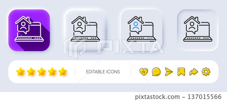 Work at home line icon. Neumorphic, Flat shadow, 3d buttons. Outsource job sign. Remote office employee symbol. Line work home icon. Social media icons. Vector 137015566