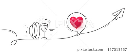 Dish plate line icon. Continuous line with share plane. Tableware wineglass sign. Food kitchenware symbol. 3d heart in speech bubble. Dish plate single line ribbon. Loop curve pattern. Vector 137015567