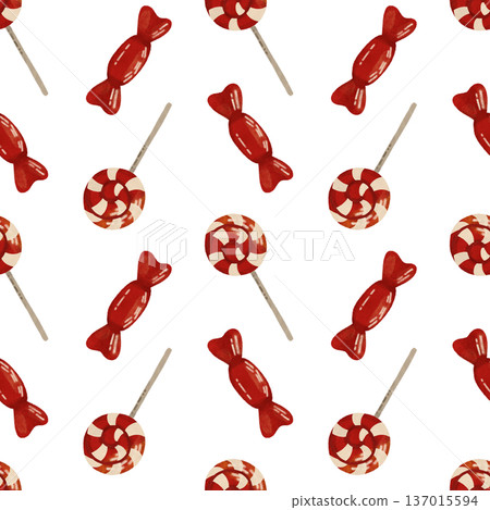 A festive seamless pattern with a lollipop, candy. In flat style. Watercolor, pastel, gouache. In red tones. Design element for products, prints 137015594