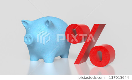 Blue Piggy Bank and Red Percent Symbol Concept 3d Render. Blue Piggy Bank and Red Percent Symbol Concept 3d Render. 137015644