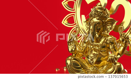 Golden Ganesha with Om Symbol on Red 3d render. 137015653