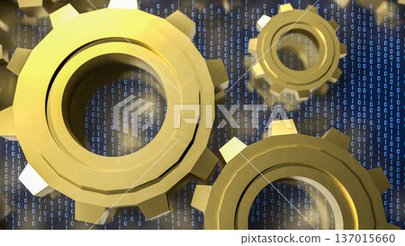 Digital Technology Concept with Golden Gears and Binary Code 3d render. Digital Technology Concept with Golden Gears and Binary Code 3d render. 137015660