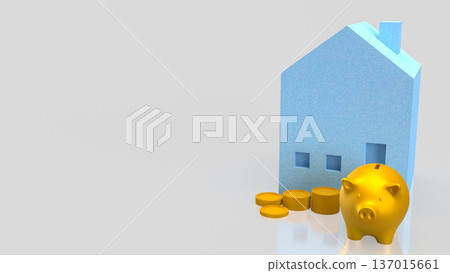 Golden Piggy Bank with House Investment Concept 3d render. Golden Piggy Bank with House Investment Concept 3d render. 137015661