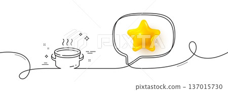 Saucepan line icon. Continuous line with 3d star. Kitchen pot sign. Food cooking utensils symbol. 3d star in speech bubble. Saucepan single line ribbon. Loop curve pattern. Vector Saucepan line icon. Continuous line with 3d star. Kitchen pot sign. Food cooking utensils symbol. 3d star in speech bubble. Saucepan single line ribbon. Loop curve pattern. Vector 137015730
