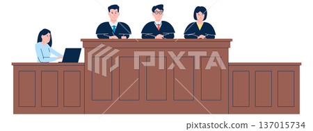 Judges bench on trial. Legal process color illustration Judges bench on trial. Legal process color illustration 137015734