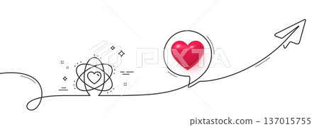 Atom with heart line icon. Continuous line with share plane. Energy sign. Chemical element symbol. 3d heart in speech bubble. Atom single line ribbon. Loop curve pattern. Vector 137015755