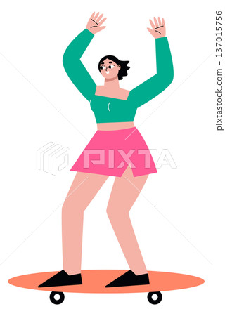 Happy woman on skateboard. Extreme street sport character Happy woman on skateboard. Extreme street sport character 137015756