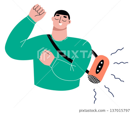 Dancing man with audio device. Teenager listen happy song Dancing man with audio device. Teenager listen happy song 137015797