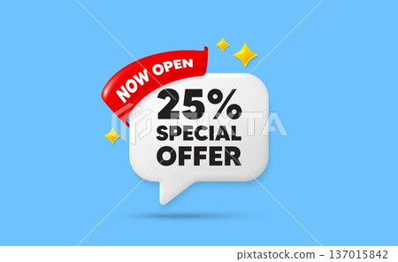 Discount ribbon speech bubble. Now open flag ribbon. 25 percent discount offer tag. Sale price promo sign. Special offer symbol. 3d sparkle stars speech bubble. Vector Discount ribbon speech bubble. Now open flag ribbon. 25 percent discount offer tag. Sale price promo sign. Special offer symbol. 3d sparkle stars speech bubble. Vector 137015842