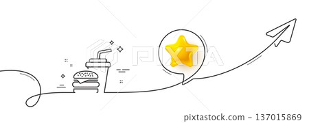 Hamburger with drink line icon. Continuous line with share plane. Fast food restaurant sign. Hamburger or cheeseburger symbol. 3d star in speech bubble. Hamburger single line ribbon. Vector Hamburger with drink line icon. Continuous line with share plane. Fast food restaurant sign. Hamburger or cheeseburger symbol. 3d star in speech bubble. Hamburger single line ribbon. Vector 137015869