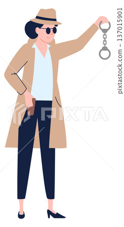 Handcuffs in woman detective hands. Crime punishment icon 137015901