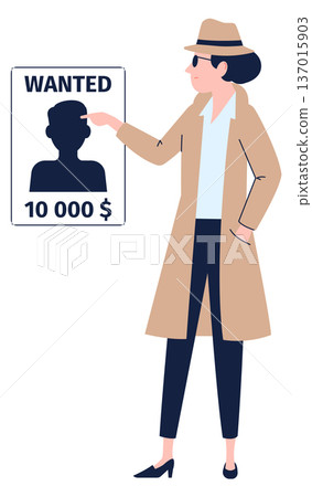 Investigator woman look for wanted criminal. Cartoon character Investigator woman look for wanted criminal. Cartoon character 137015903