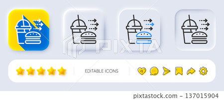 Food delivery line icon. Neumorphic, Flat shadow, 3d buttons. Cheeseburger with Soft drink sign. Catering service symbol. Line food delivery icon. Social media icons. Vector Food delivery line icon. Neumorphic, Flat shadow, 3d buttons. Cheeseburger with Soft drink sign. Catering service symbol. Line food delivery icon. Social media icons. Vector 137015904