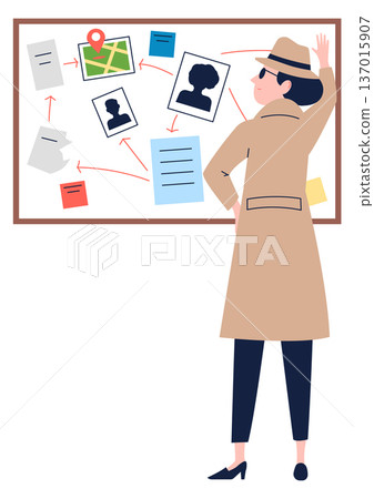 Detective look at clue pin board for crime investigation Detective look at clue pin board for crime investigation 137015907