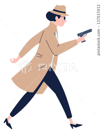 Walking woman with handgun. Retro female detective character 137015912