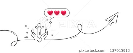 Volunteer care line icon. Continuous line with share plane. Hospice service sign. Health insurance symbol. Hearts rate review in speech bubble. Volunteer single line ribbon. Loop curve pattern. Vector 137015913