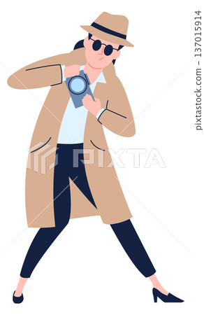 Private investigator make photo. Woman in black glasses and overcoat cartoon character 137015914