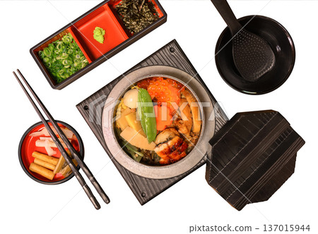 [Material] A luxurious Japanese kamameshi set with eel and salmon roe placed on a white background. 137015944