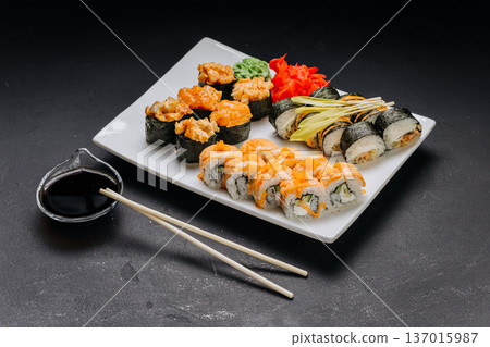 Assorted sushi set with rolls nigiri shrimp and soy sauce on restaurant plate 137015987