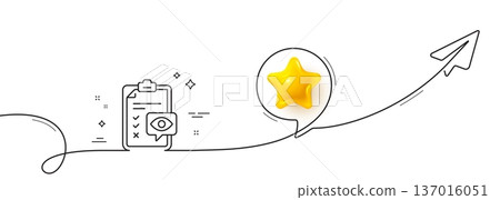Eye checklist line icon. Continuous line with share plane. Oculist clinic sign. Optometry vision check symbol. 3d star in speech bubble. Eye checklist single line ribbon. Loop curve pattern. Vector 137016051