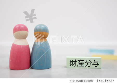 一對玩偶和一個日元符號代表離婚和財產分割的概念。 一對玩偶和一個日元符號代表離婚和財產分割的概念。 137016287