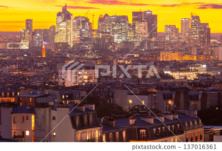 Aerial panoramic view over Paris rooftops at sunrise 137016361