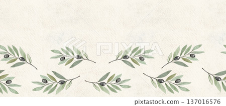 Olive branch horizontal watercolor seamless border on textured beige. Illustration perfect for Christian design, Lent season, devotion projects, religious layouts. Symbol of peace, spiritual renewal. 137016576