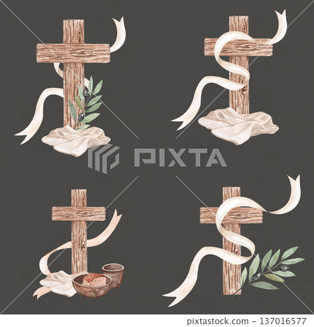 Seamless pattern wooden cross flowing ribbon, olive branches and linen cloth, bread and wine hand-painted watercolor Christian illustration on gray, ideal for fabric, wrapping paper, church stationery Seamless pattern wooden cross flowing ribbon, olive branches and linen cloth, bread and wine hand-painted watercolor Christian illustration on gray, ideal for fabric, wrapping paper, church stationery 137016577