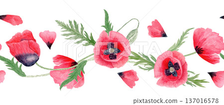 Red poppy floral seamless border, blooming flowers, bud, leaves isolated on white, hand-painted watercolor botanical illustration, perfect for wedding stationery, packaging, greeting cards, branding Red poppy floral seamless border, blooming flowers, bud, leaves isolated on white, hand-painted watercolor botanical illustration, perfect for wedding stationery, packaging, greeting cards, branding 137016578