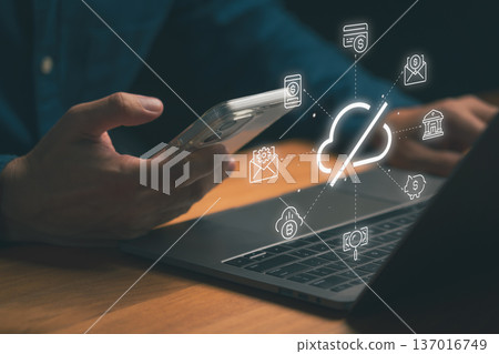Digital cloud finance concept showing financial service icons connected around a cloud symbol, representing fintech, online banking, mobile payments, secure transactions, and data integration. Digital cloud finance concept showing financial service icons connected around a cloud symbol, representing fintech, online banking, mobile payments, secure transactions, and data integration. 137016749