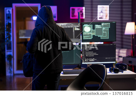 Hooded hacker arriving in hidden underground shelter, prepared to launch DDoS attack on websites. Rogue programmer in apartment starting work on malware script that can crash businesses servers Hooded hacker arriving in hidden underground shelter, prepared to launch DDoS attack on websites. Rogue programmer in apartment starting work on malware script that can crash businesses servers 137016815