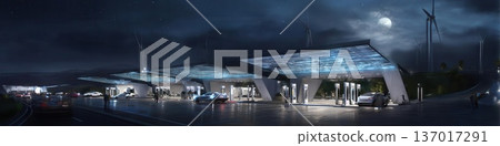 Nighttime Electric Vehicle Charging Station with Wind Turbines 137017291