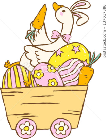 Cute Easter Silly Goose Bunny Enjoying Carrot in Easter Eggs Cart Cartoon Hand Drawn Cute Easter Silly Goose Bunny Enjoying Carrot in Easter Eggs Cart Cartoon Hand Drawn 137017396